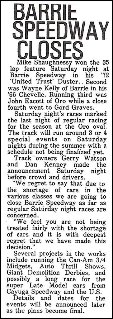 Barrie Speedway Closes. Courtesy of Car Weekly June 25th, 1974