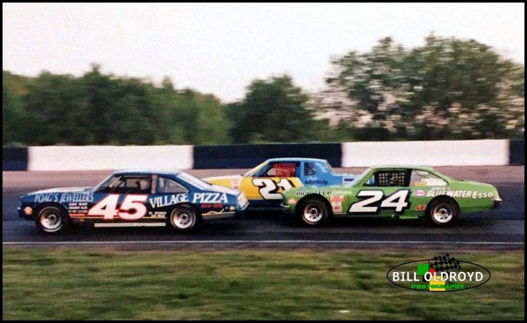 Delaware Speedway Street Stocks in 1996, #45 Ron Sheridan, #21 Doug Brown and # 24 Robb Nethercott at speed. Courtesy of Bill Oldroyd
