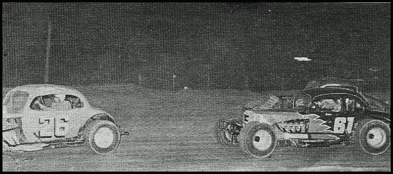Drivin' Ivan Little #61 sets his sights on Hamilton's Henry Shivak #26 during heat action at Merrittville. Courtesy of Wheelspin News