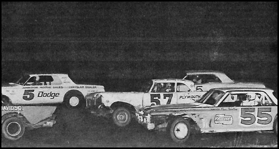 Ken Nicholls #1, Bob Webster #5, Tom Shearing #57 and Don Shirton #55 coming out of turn number four at Merritteville Speedway. Courtesy of Wheelspin News