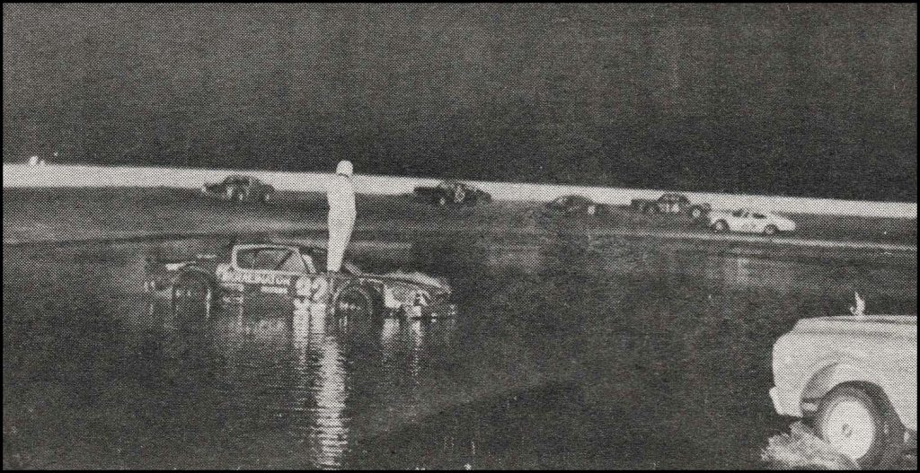 Mel Priebe watches late model action while stranded in Lake Flamboro 1976. Courtesy of James Conrad