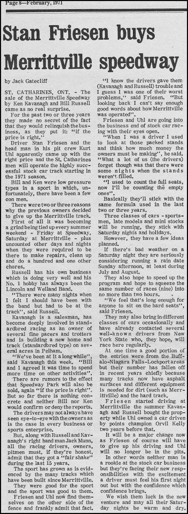 Stan Frieson buys Merrittville Speedway Article. Courtesy of Wheelspin News February 1971 1