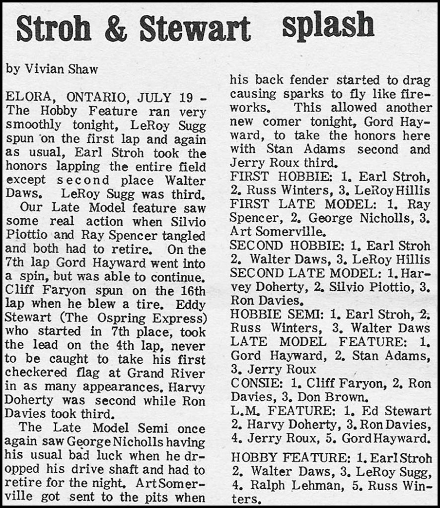 Stroh & Stewart splash at Grand River Speedway July 19th, 1969. Courtesy of Wheelspin News
