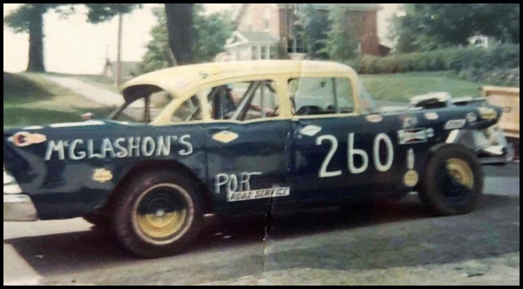 Buds first race car was a 1957 Chevy with a 1955 Chrysler 301 engine. This car was sponsored by McGlashons Sunoco in Port Hope. Courtesy of Jennifer Bailey