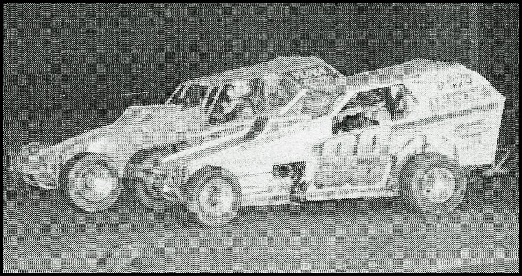 Turning the fourth turn at Merritteville Speedway are Danny Rizzardo #99 and Brian Stevens. Courtesy of Alex Bruce
