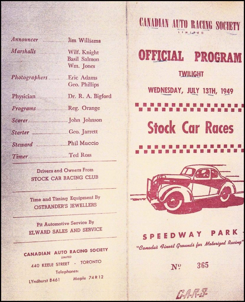 Canadian Auto Racing Society Official Program 1949 at Speedway Park, (The Original Pinecrest).