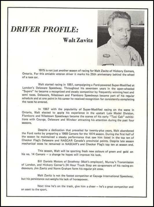 Walt Zavitz Profile from 1975 Cayuga Program! Courtesy of Bill Daniels