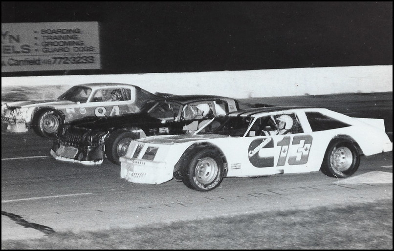 #13 Randy Slack, #12 Fred Cade and #84 Kim Wallace at Cayuga Speedway, Courtesy of Judy and Steve Livingstone