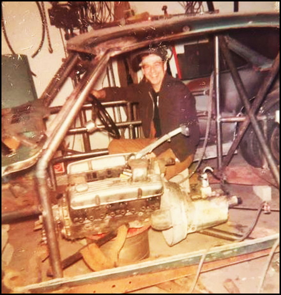 224055975_5102573096425683_7444278634349549314_n - Warren Coniam working on the Rutledge Rocket Modified, a 1968 Corvair. Courtesy of  Eleanor (Rutledge) Fry. 