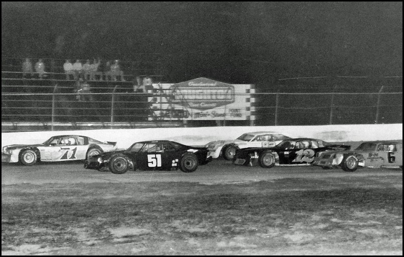 #71 John Cadman, #51 Dennis Vogel, #82 Wayne Keeling, #12 Fred Cade & #6 Danny Knoll at Cayuga Speedway. Courtesy of Judy & Steve Livingstone